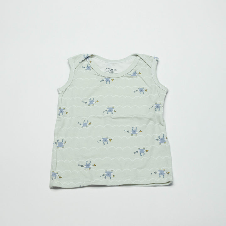 Toddler sleeveless undershirt, pale mint with dinosaur and cloud stripe print