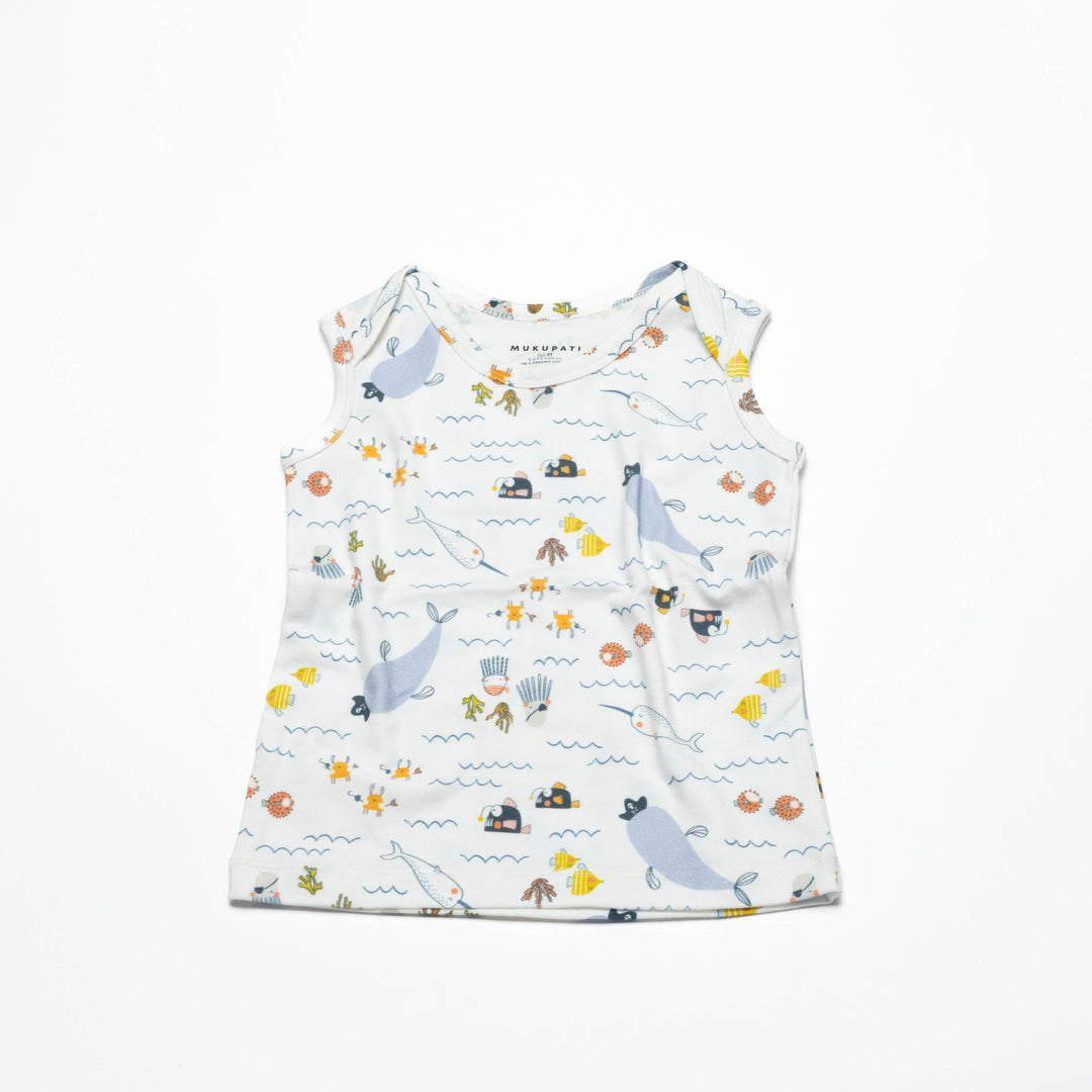 Toddler sleeveless undershirt, light blue with ocean animal and wave print