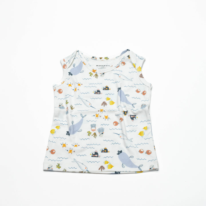 Toddler sleeveless undershirt, light blue with ocean animal and wave print