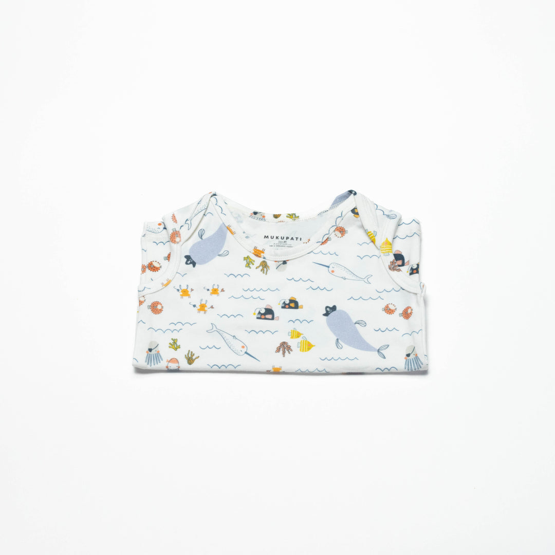 Toddler sleeveless undershirt, light blue with sea animal and wave print