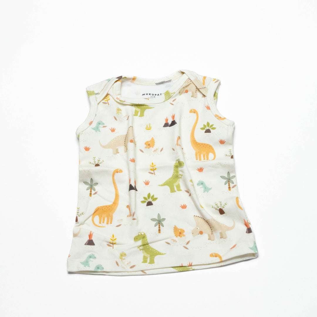 Toddler sleeveless undershirt, cream with dinosaur and jungle animal print