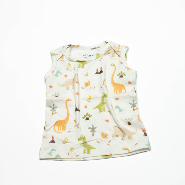 Toddler sleeveless undershirt, cream with dinosaur and jungle animal print