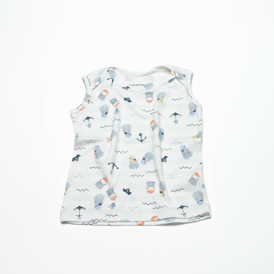 Toddler sleeveless undershirt, light blue with nautical sea-life print and anchors