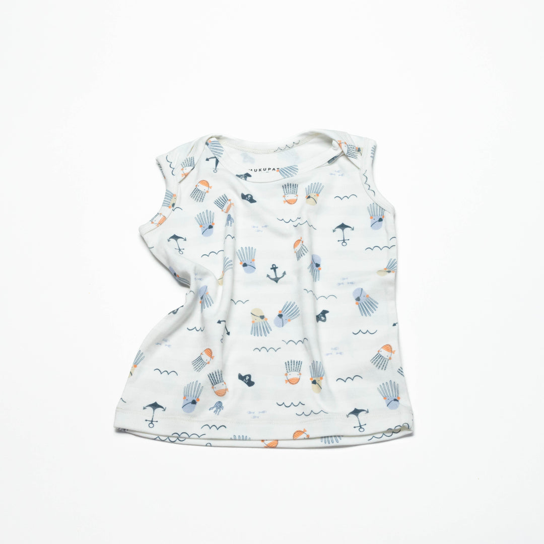 Toddler sleeveless undershirt, white with nautical sea-life print and anchors