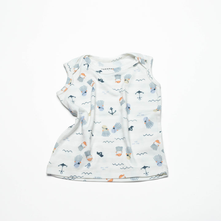 Toddler sleeveless undershirt, white with nautical sea-life print and anchors