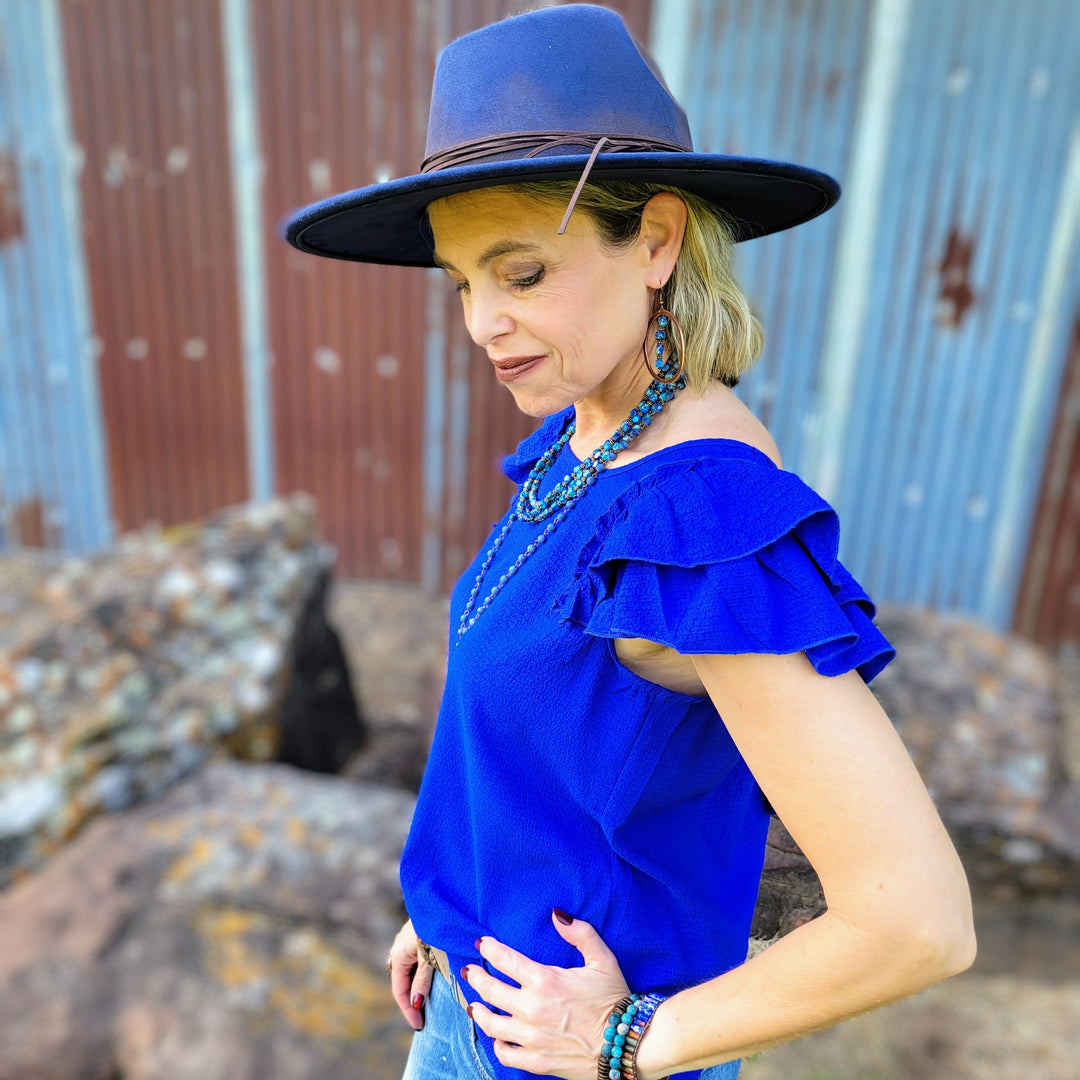 Navy wide-brim felt cowboy hat with black hatband