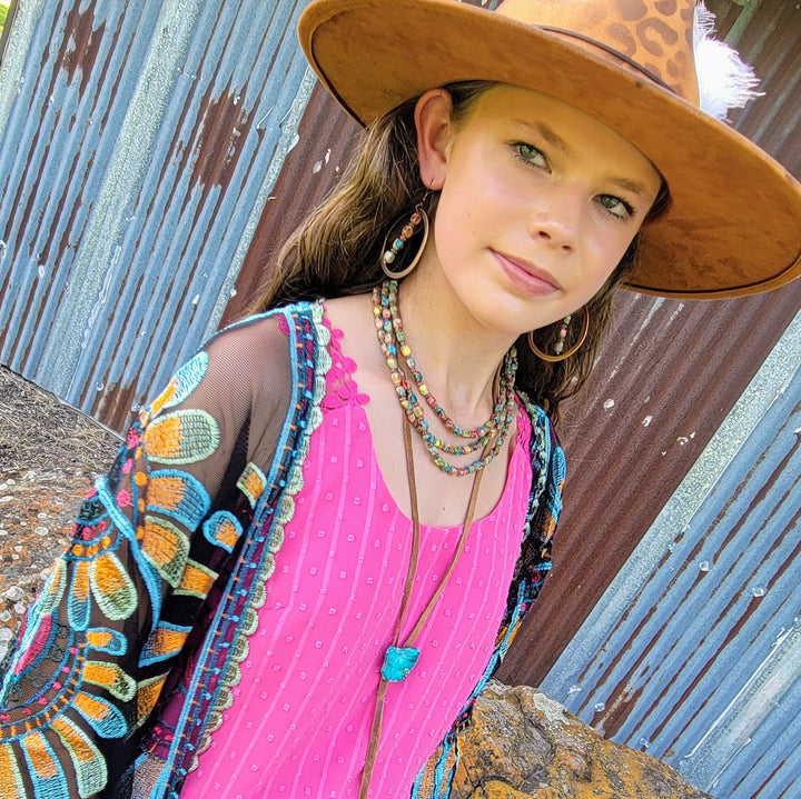 Triple-strand beaded boho necklace in multicolor beads with turquoise pendant charm