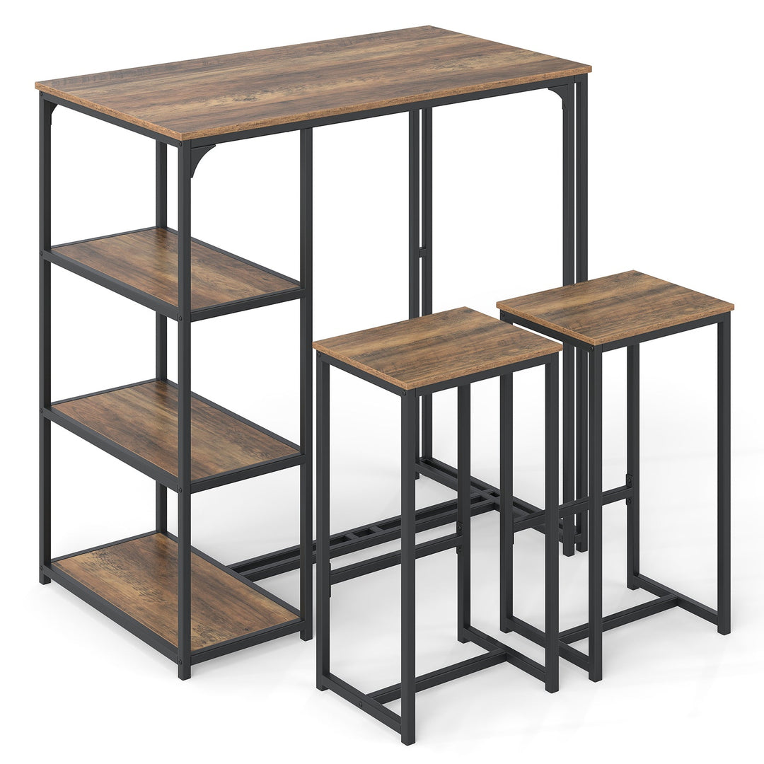 Rustic brown bar table with attached shelves and two matching stools, black metal legs