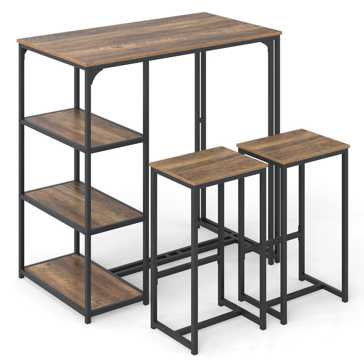 Rustic brown bar table with attached shelves and two matching stools, black metal legs
