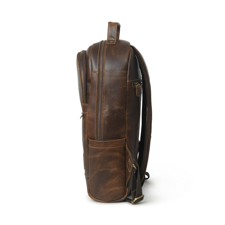 Brown buffalo leather backpack back view with vertical panel, straps, and rear zip pocket.