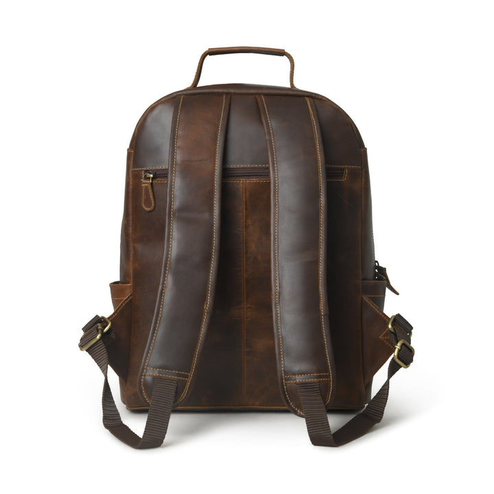 Brown buffalo leather backpack with two shoulder straps, back panel, and top handle.