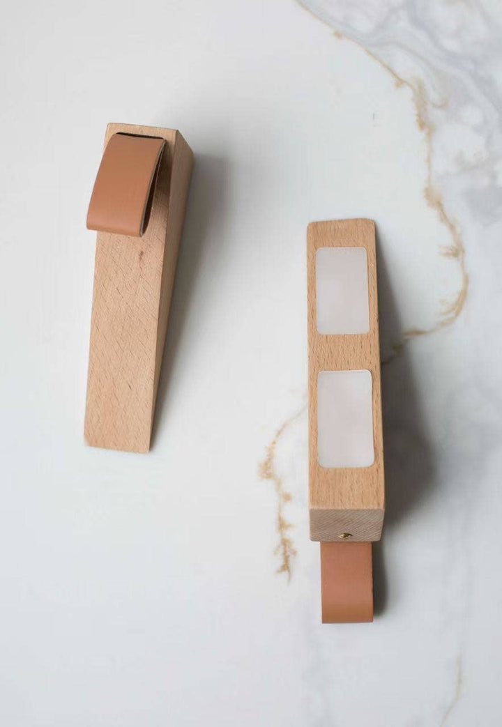 Wooden door wedge stopper with strap and two adhesive pads, single