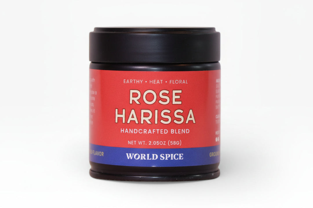 Rose Harissa spice blend jar with red label and black screw-top lid