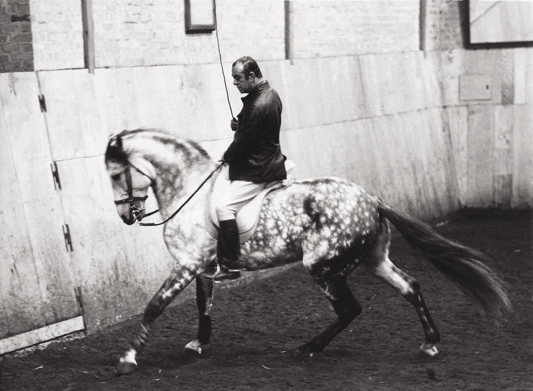 Black-and-white photo of a rider training on a speckled horse inside the book.