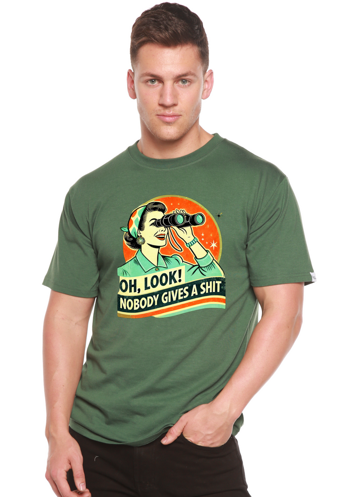 Unisex green graphic T-shirt with retro woman telescope and “OH, LOOK!” slogan