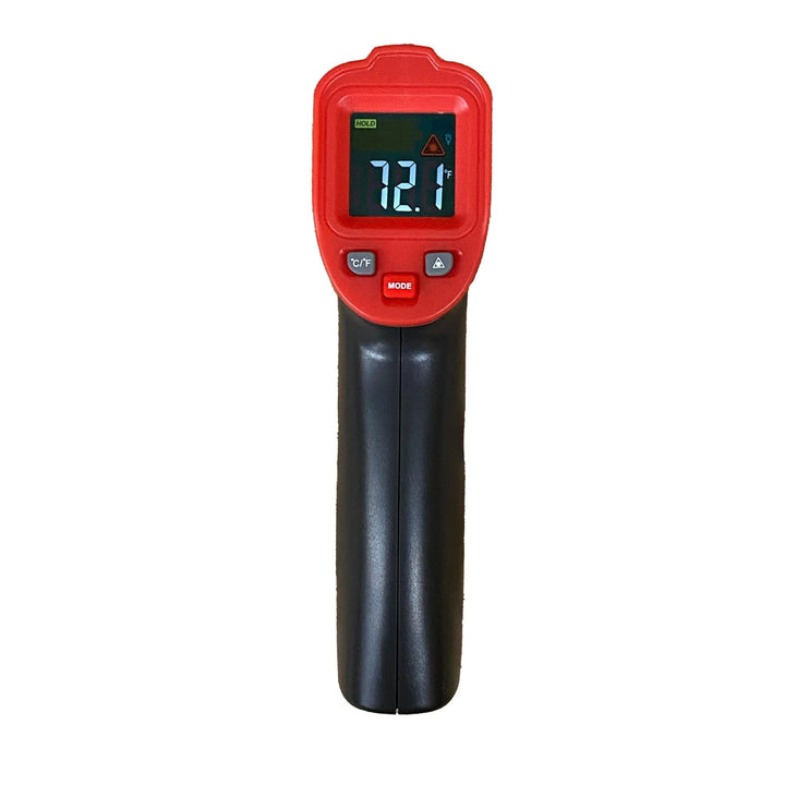 Handheld infrared thermometer with red casing and LCD display showing 72.1