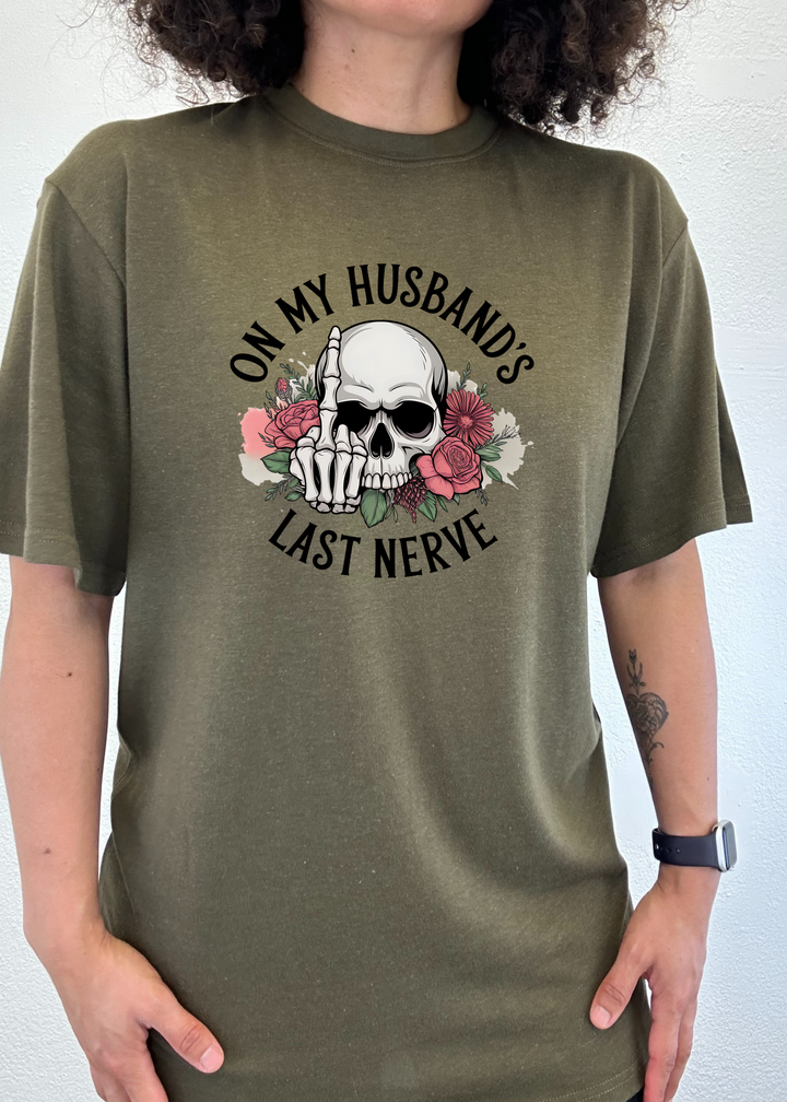 Olive unisex graphic t-shirt with skull, roses, and &