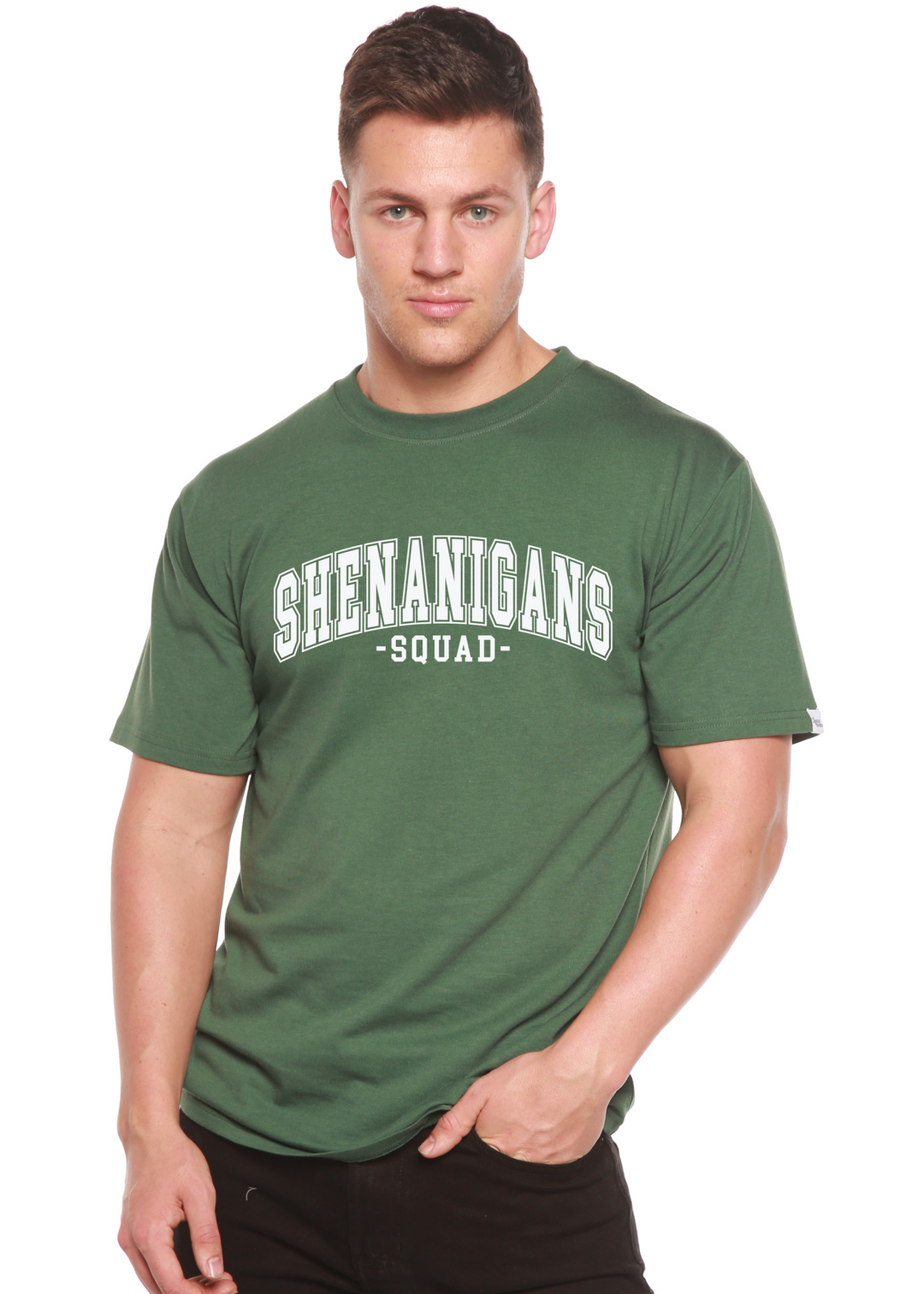 Green unisex graphic T-shirt with white “SHENANIGANS SQUAD” chest print