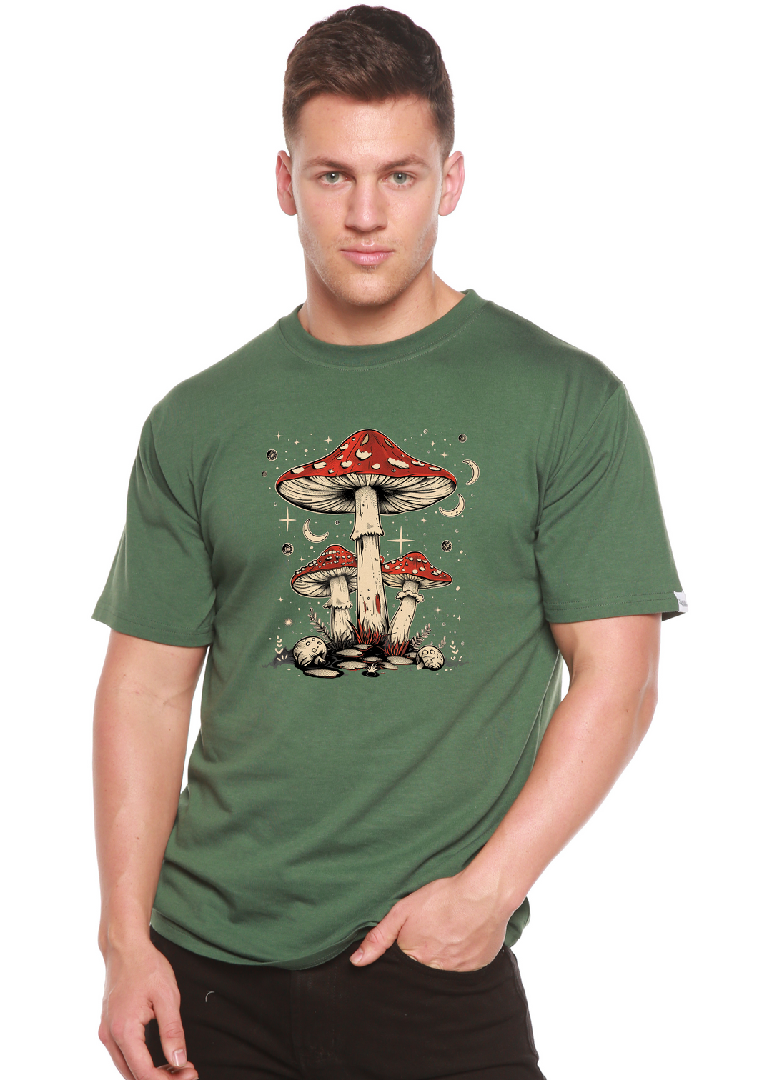 Green unisex graphic t-shirt with red-capped mushroom illustration on chest