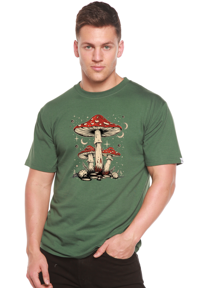 Green unisex graphic t-shirt with red-capped mushroom illustration on chest