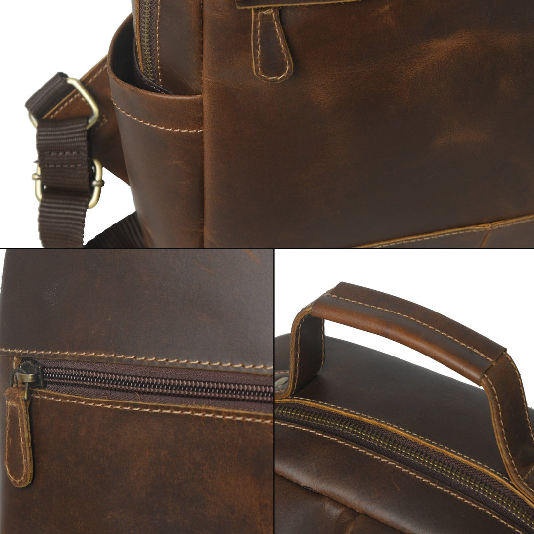 Brown leather unisex backpack, front pocket with zipper and adjustable shoulder strap