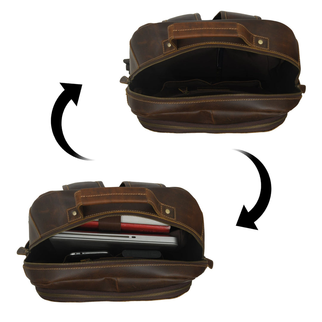 Brown leather backpack open to show inner compartment and zipped pockets