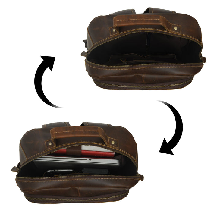 Brown leather backpack open to show inner compartment and zipped pockets