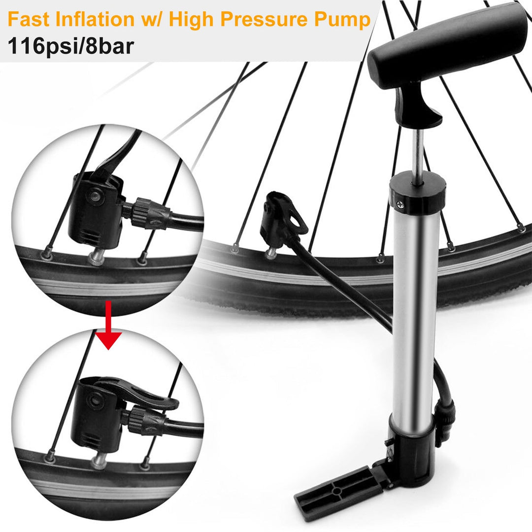 Mini bike tire inflator pump with wide base mount and connected hose