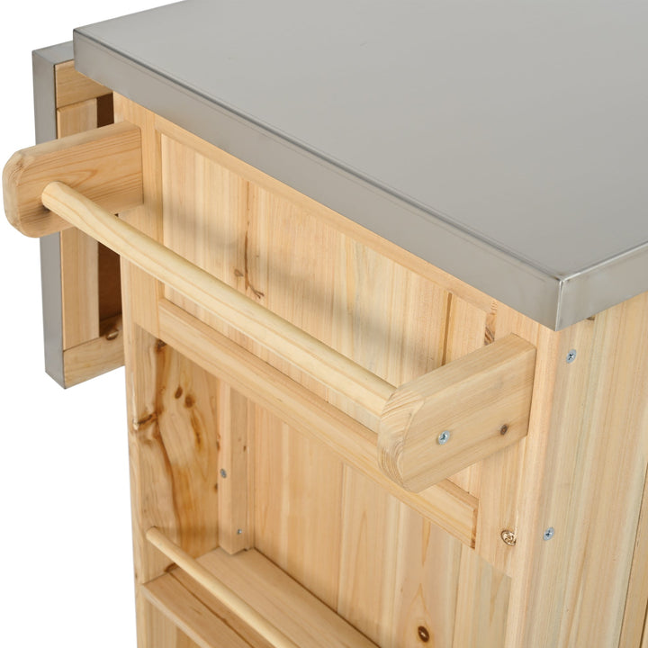Fir Wood Kitchen Island with Stainless Steel Top