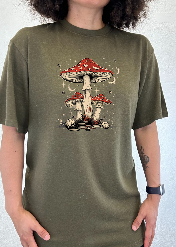 Olive green unisex T-shirt with red-capped mushroom graphic on the chest