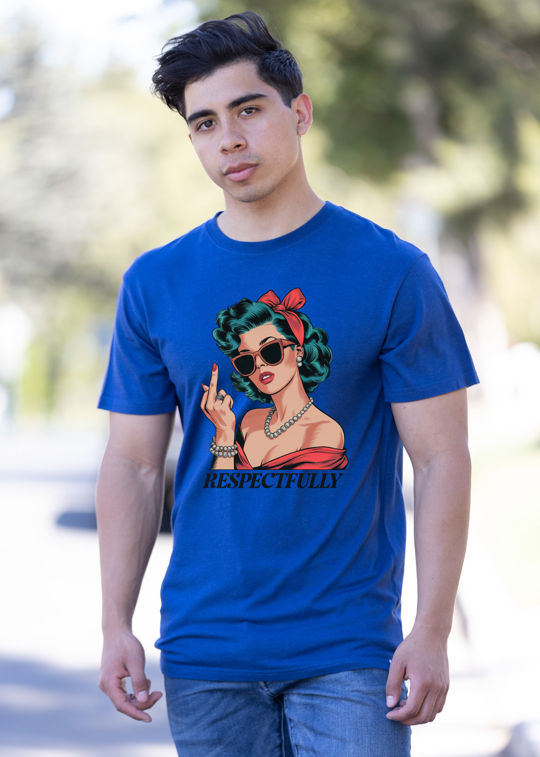 Unisex blue graphic t-shirt with teal-haired woman hand sign and &