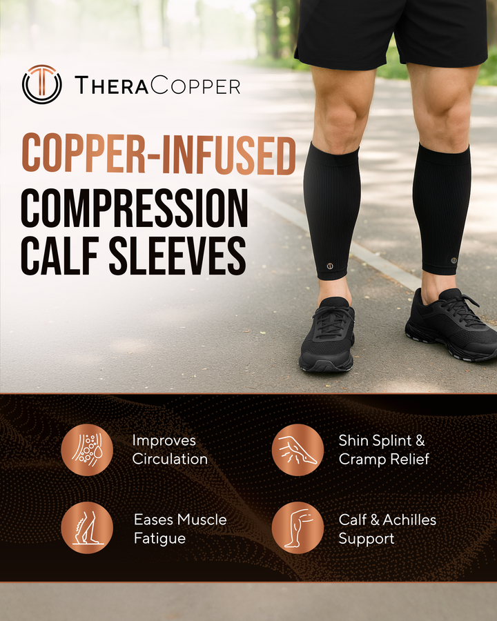 Black compression calf sleeves worn by walking legs with small logo