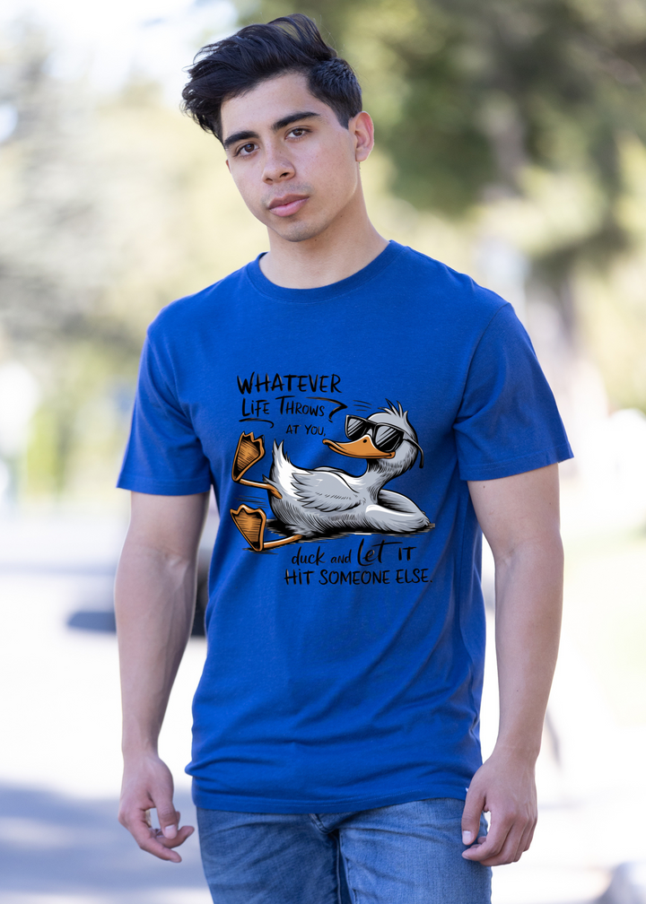 Unisex blue graphic T-shirt with duck wearing sunglasses and slogan print