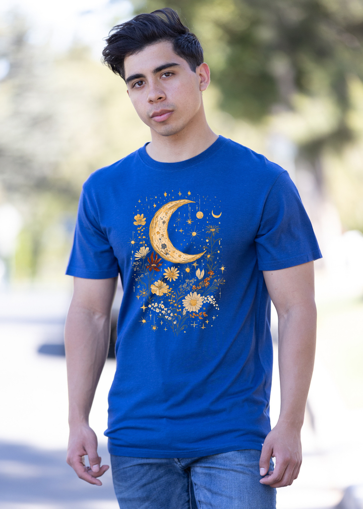 Blue unisex graphic T-shirt with gold crescent moon and boho floral design