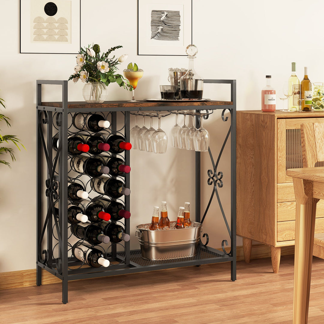 21 Bottle Wine Rack Freestanding Floor Wine Bottle Organizer with Glass Holder