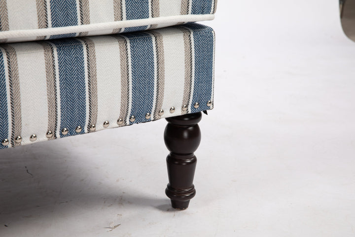 Accent Chair Vintage Striped Linen Blue White Nailhead Solid Wood Legs
