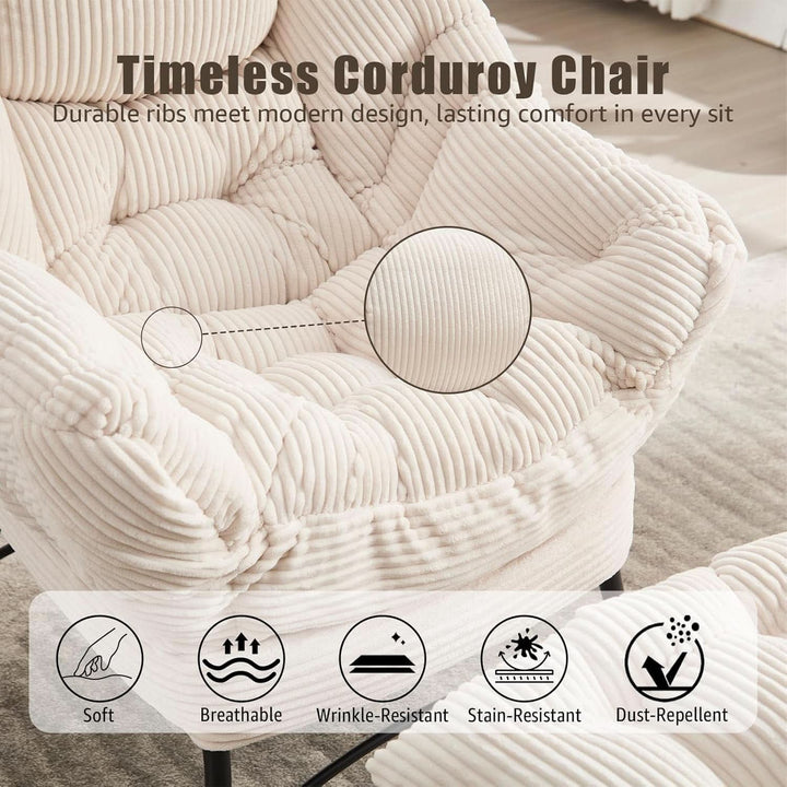 Oversized Corduroy White Reading Chair With Ottoman