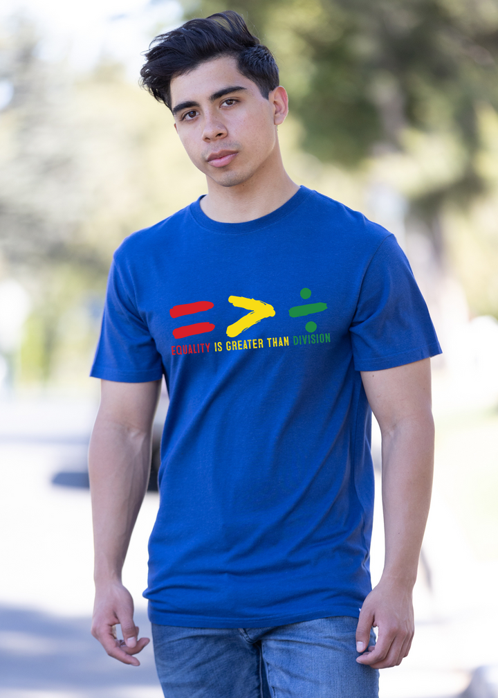 Blue unisex graphic t-shirt with colorful equality symbol and division slogan