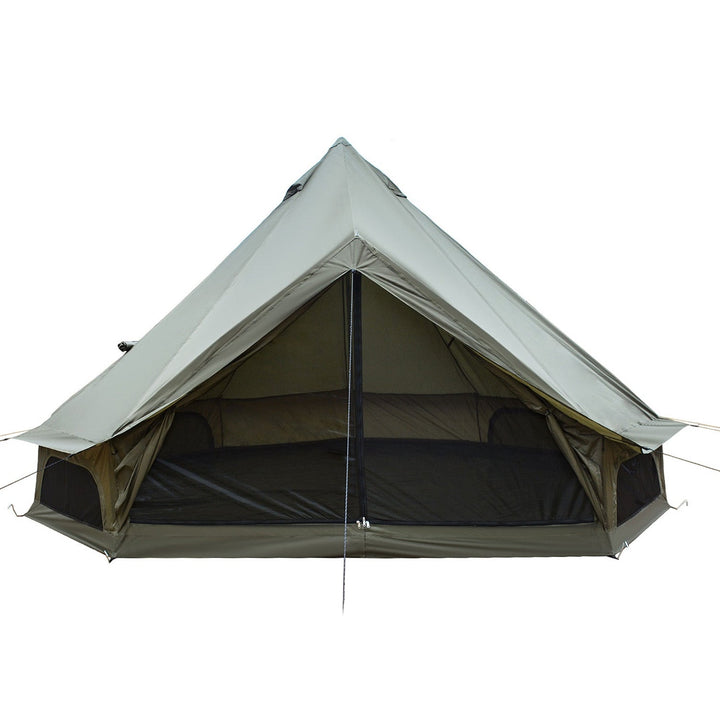 Beige bell tent with open front and central support pole, Oxford-style fabric canopy