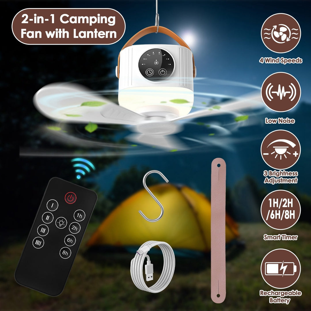 Camping tent ceiling fan with LED lantern cover, remote control, and hanging hook
