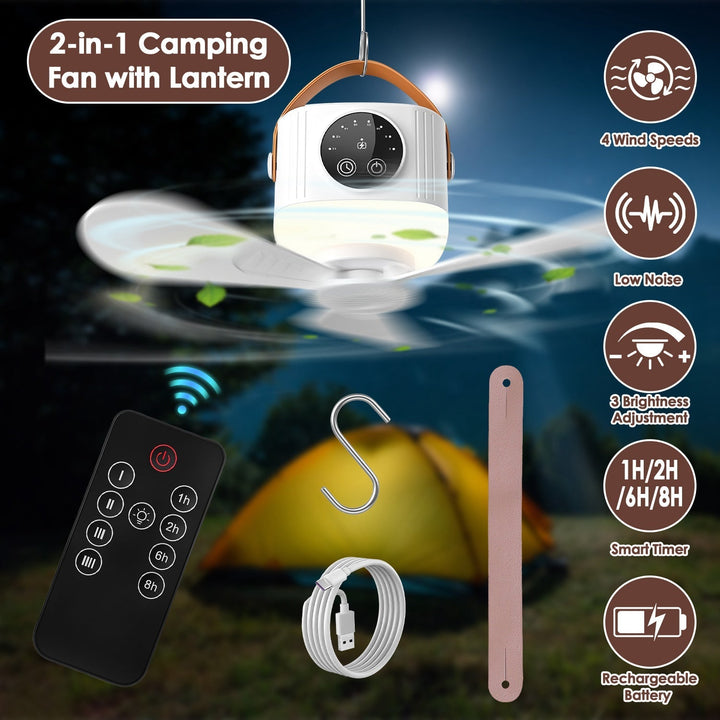 Camping tent ceiling fan with LED lantern cover, remote control, and hanging hook