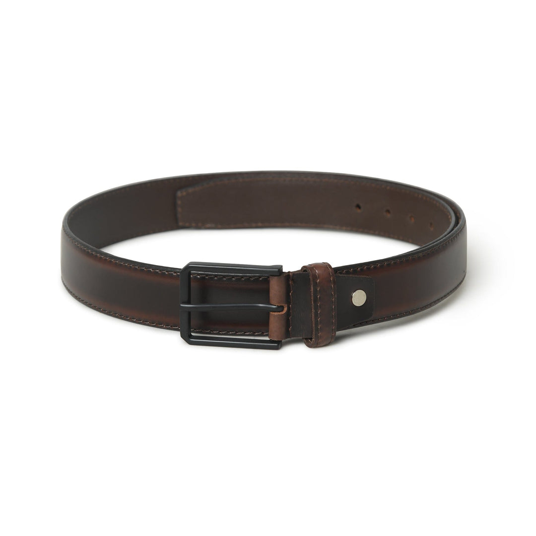 Brown leather belt with black rectangular buckle and keeper tab