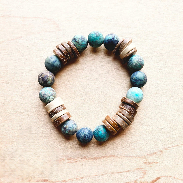 Turquoise frosted bead and wood spacer stretch bracelet with round bead pattern