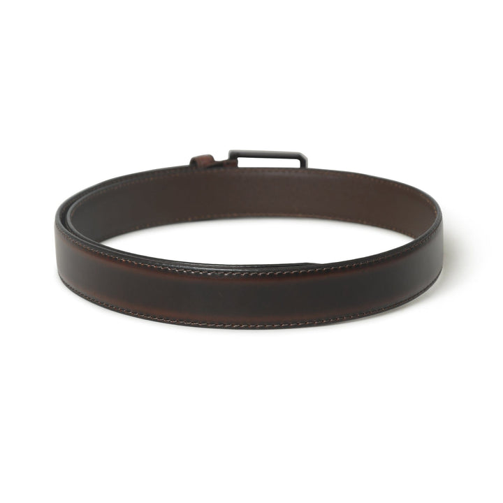 Brown leather belt with stitched edge, shown coiled