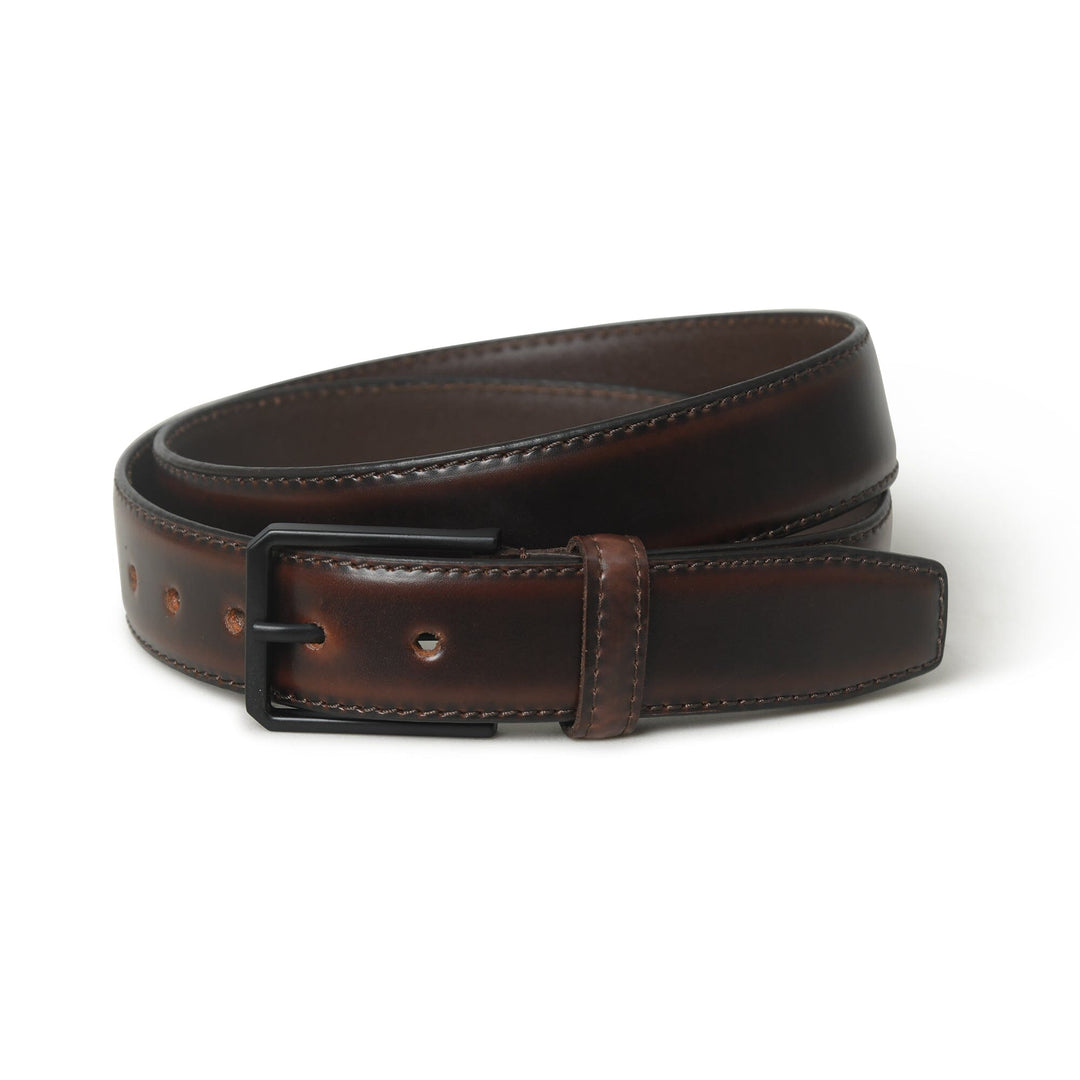 Brown leather belt with keeper, stitched trim, and metal buckle