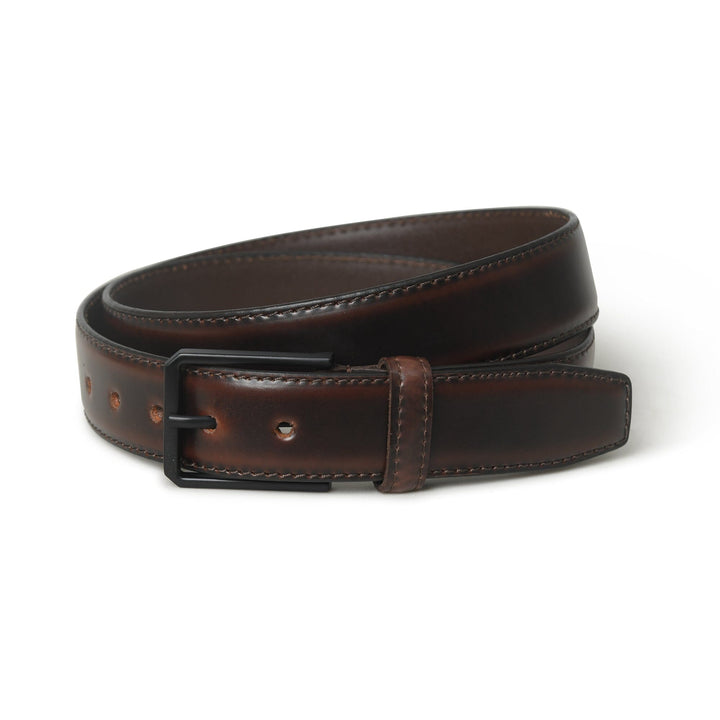 Brown leather belt with keeper, stitched trim, and metal buckle