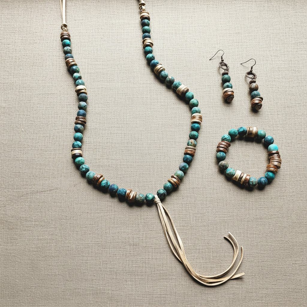 Turquoise and wood beaded drop earrings with hoop tops and dangling beads