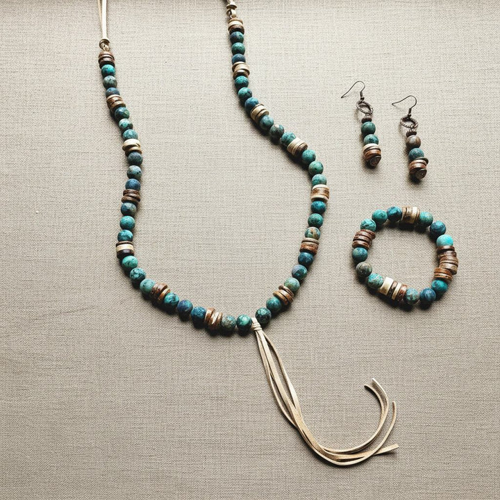 Turquoise and wood beaded drop earrings with hoop tops and dangling beads