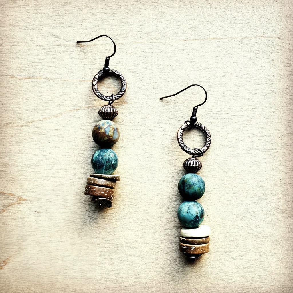 Turquoise stone bead drop earrings with copper spacer beads and circular ring tops