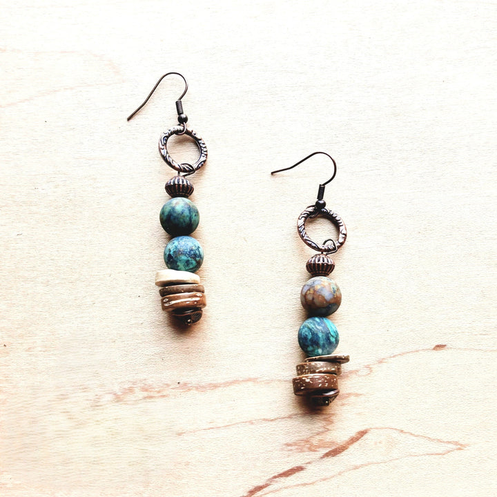 Turquoise and wood bead drop earrings with circular metal rings and mixed beads